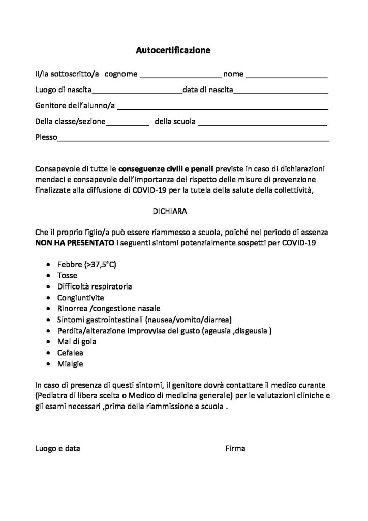 Autocertificazione riammissione a scuola